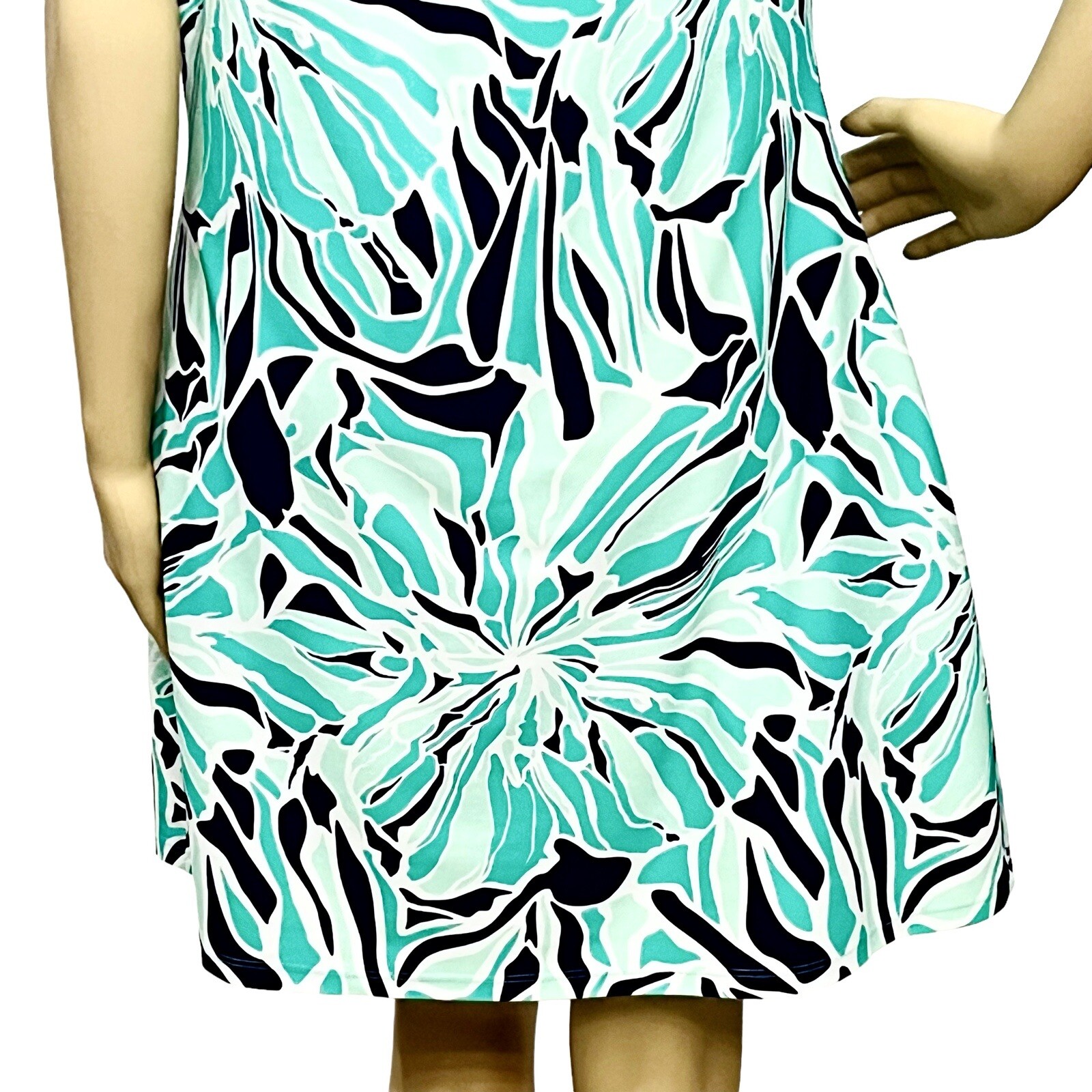 Britt Dress Resort Made USA Teal Abstract Print Pullover Shoulders Off Soft L