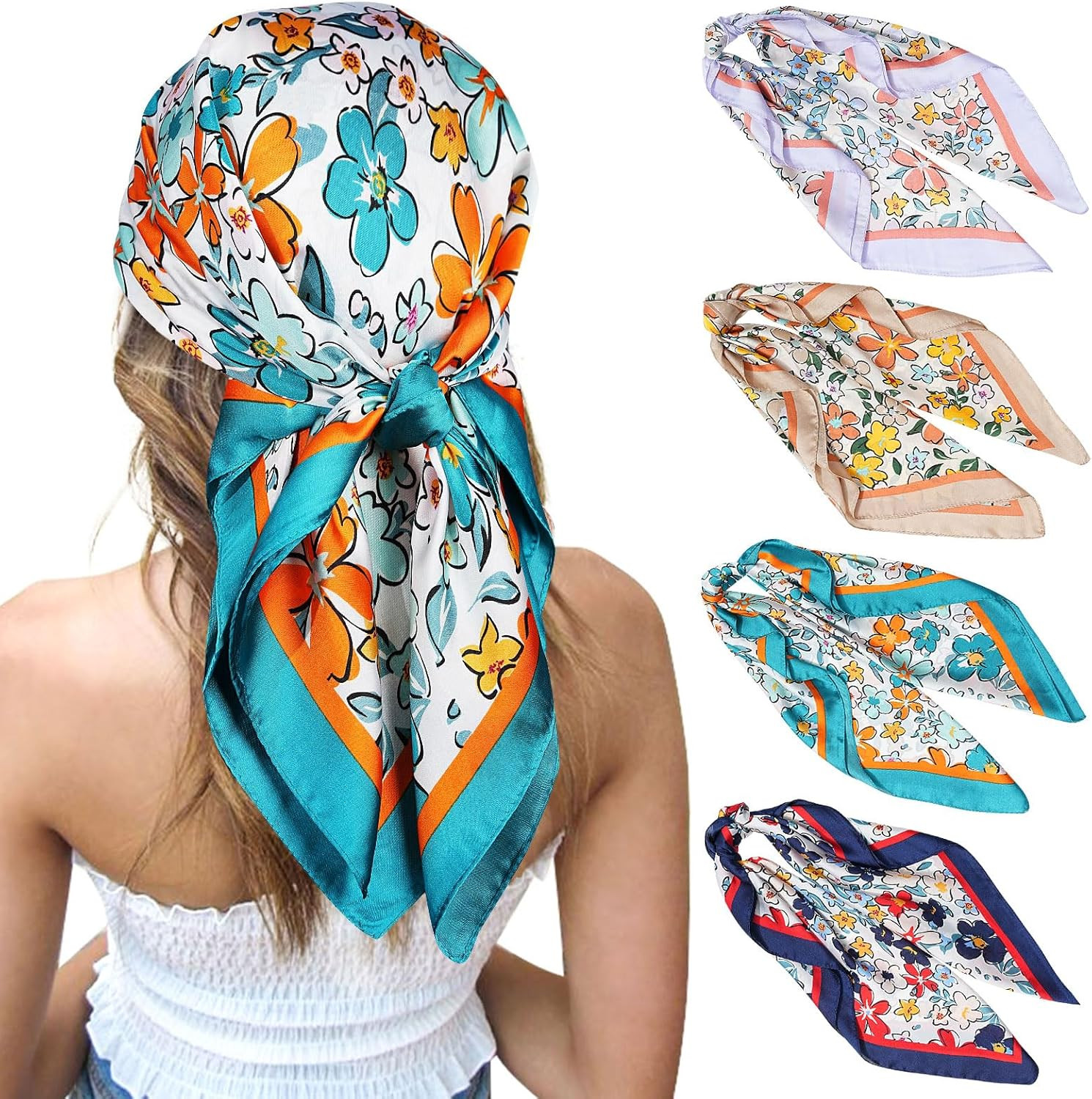 27 Inches Silk Feeling Square Head Scarf – 4 Pcs Satin Square Head Scarves for W