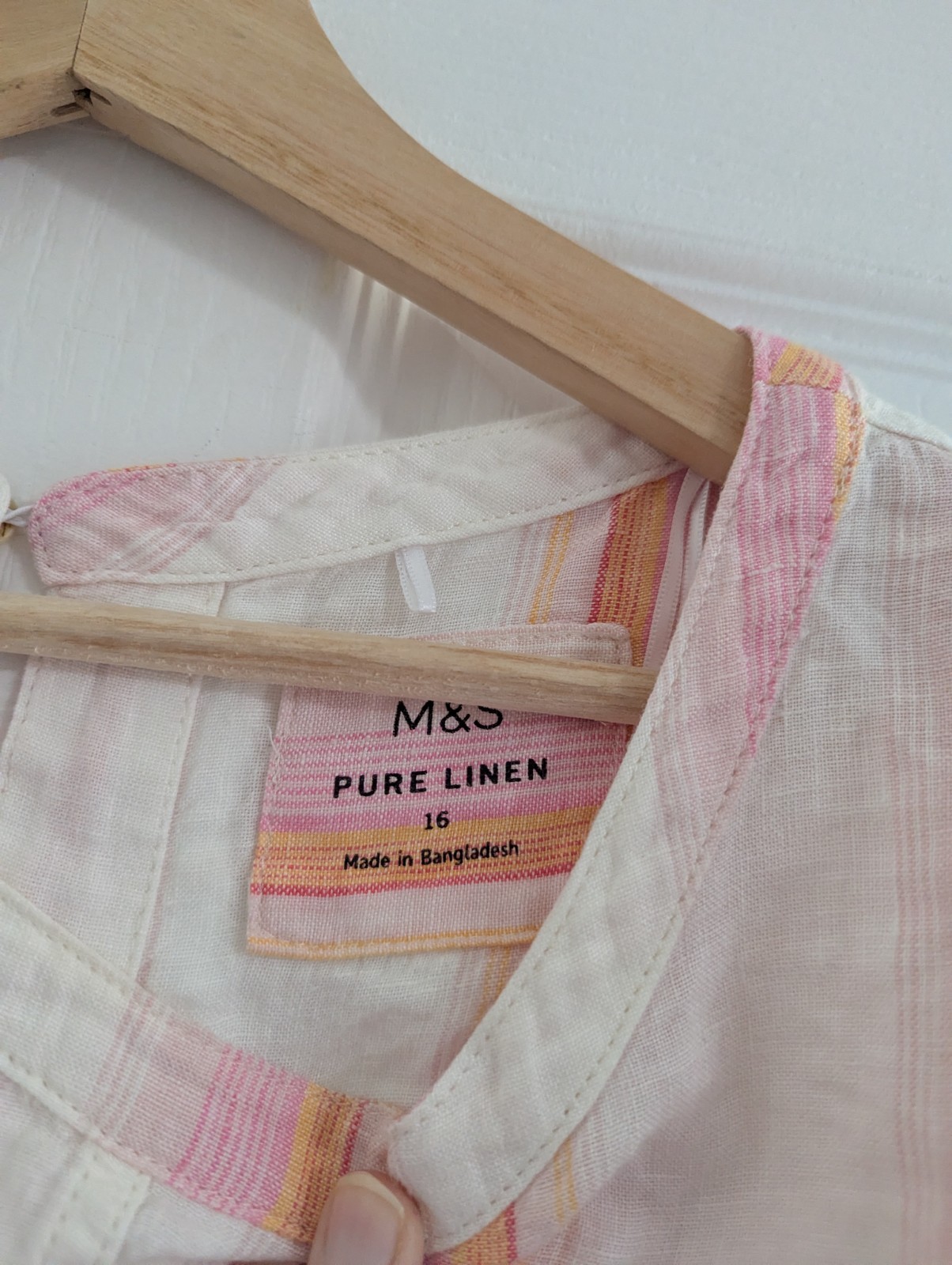 M&S Women’s Striped Blouse 100% Linen Pink White Size 16 Lagenlook Short Sleeved