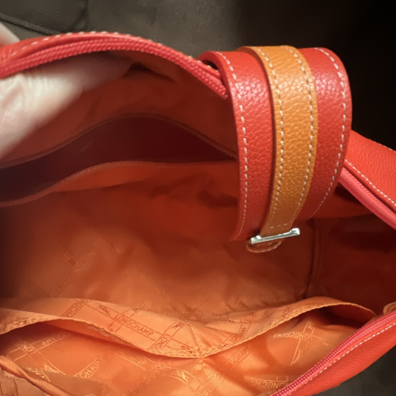 Longchamp Orange Red Buckle Accent Zipper Shoulder Bag for Women