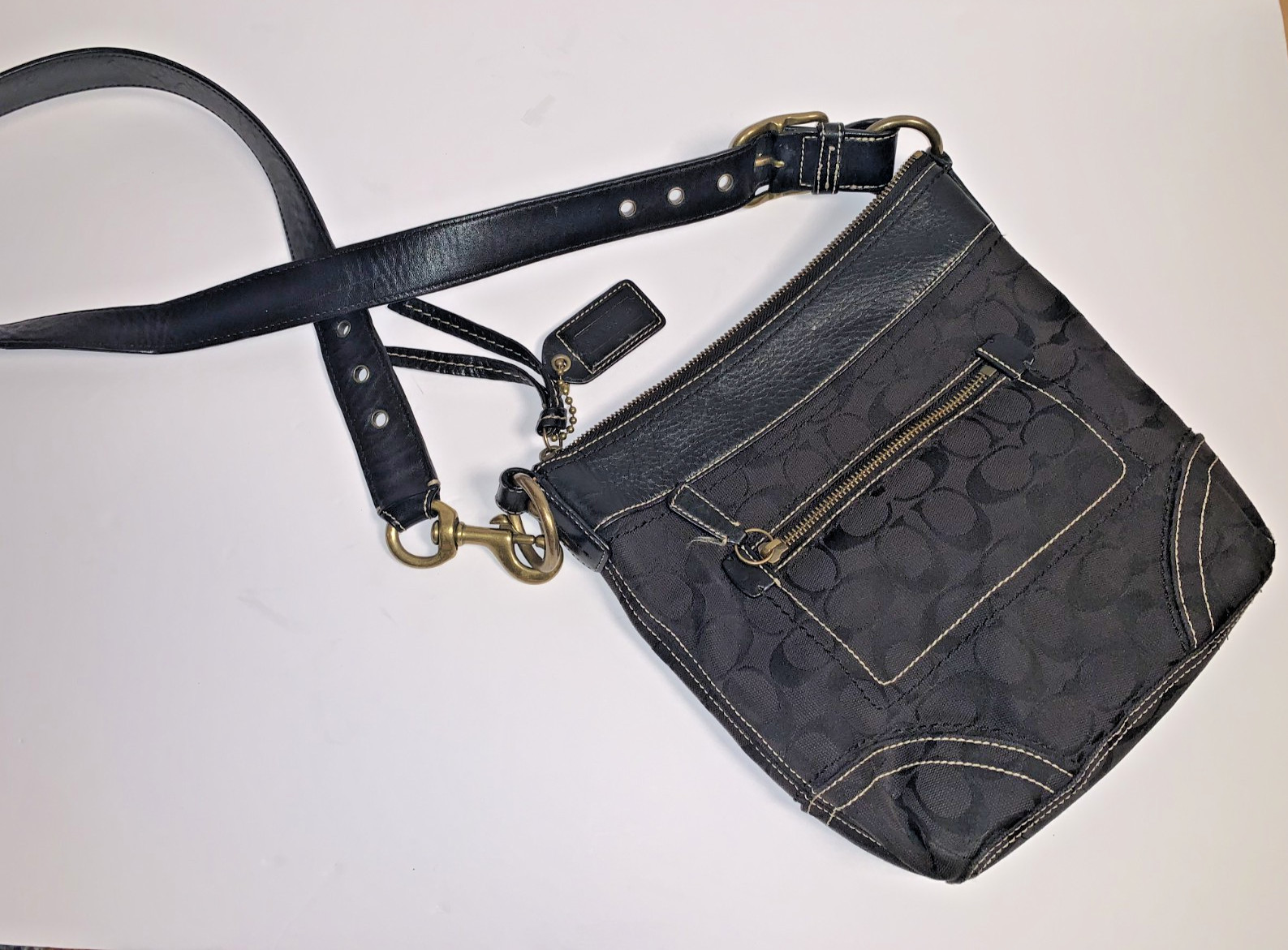 Coach Signature Jacquard Shoulder Bag Hobo E065-10402 Black Purse Vtg