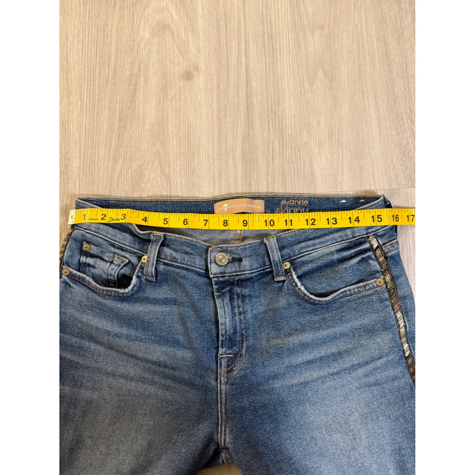 7 For All Mankind Luxe Vintage Ankle Skinny Jeans Blue Beaded Side Stripe Sz 30