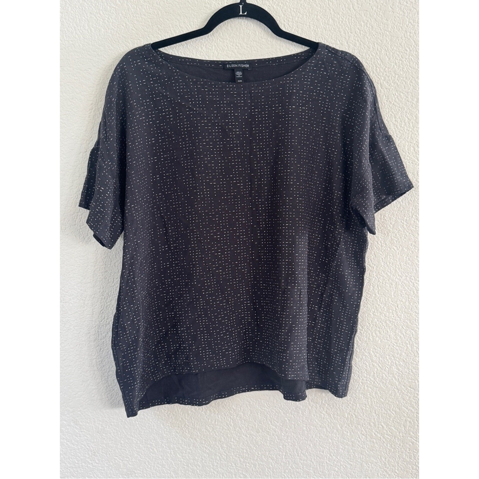 Eileen Fisher Black Short Sleeve Boxy Top with Subtle Dot Texture Medium