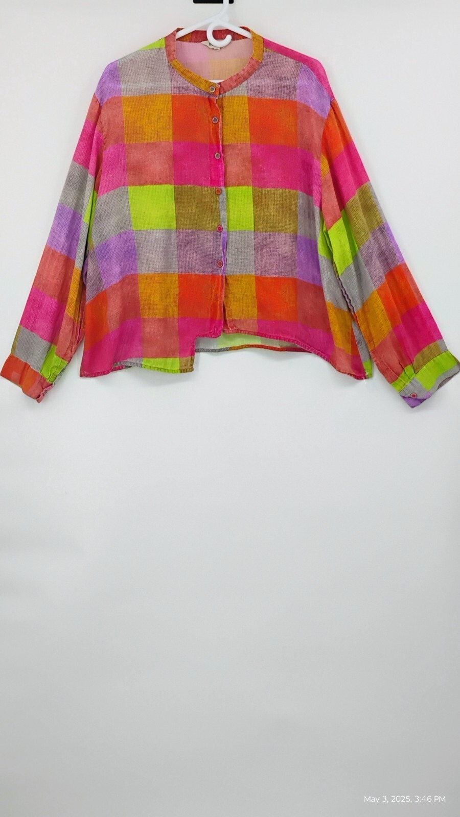 Buykud Irregular Plaid 100% Ramie Button Blouse Shirt Colorful Long Sleeve XL