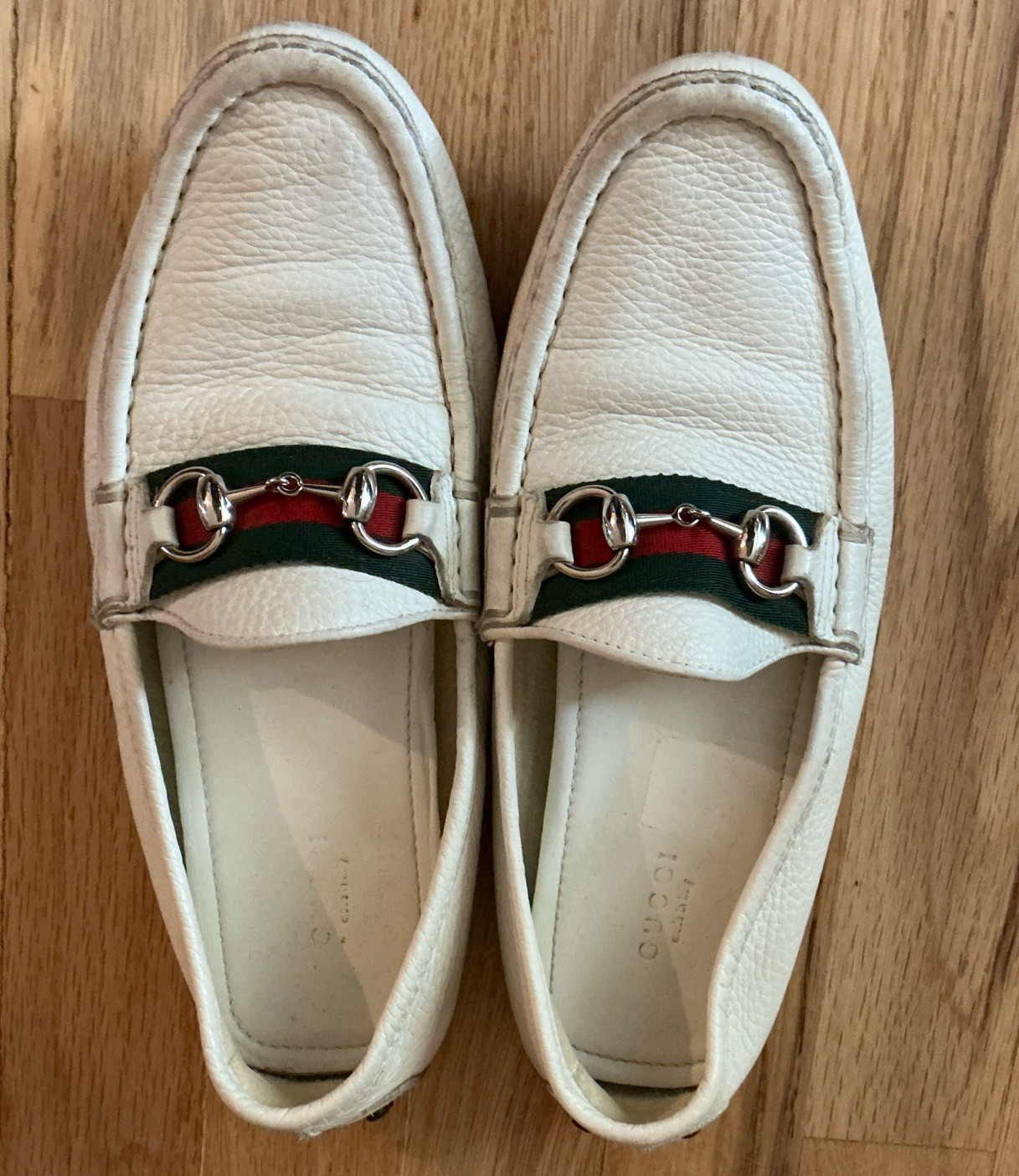 Gucci White Soft Leather Horsebit & Web Loafers Driving Moccasins Men 38.5