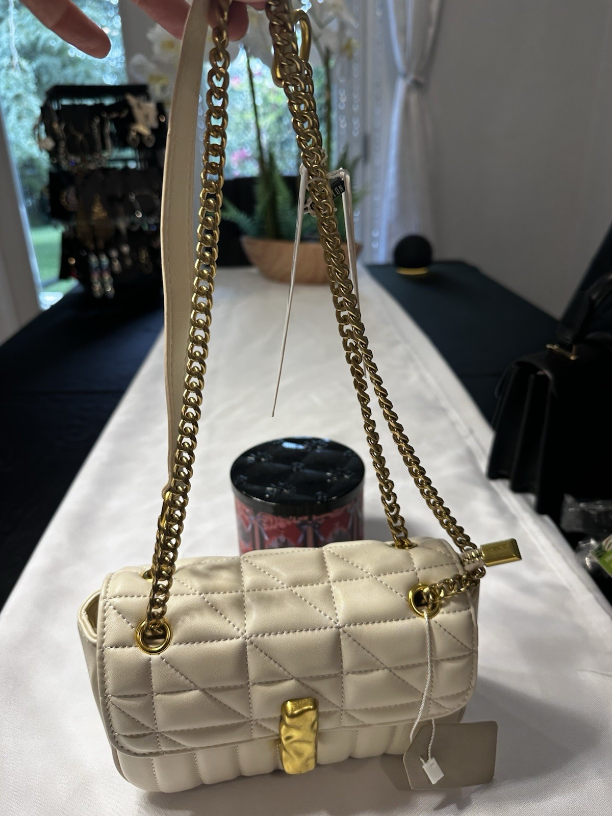 Scarleton Beige Quilted Shoulder Bag, Gold Chain Strap Magnetic Closure Detach