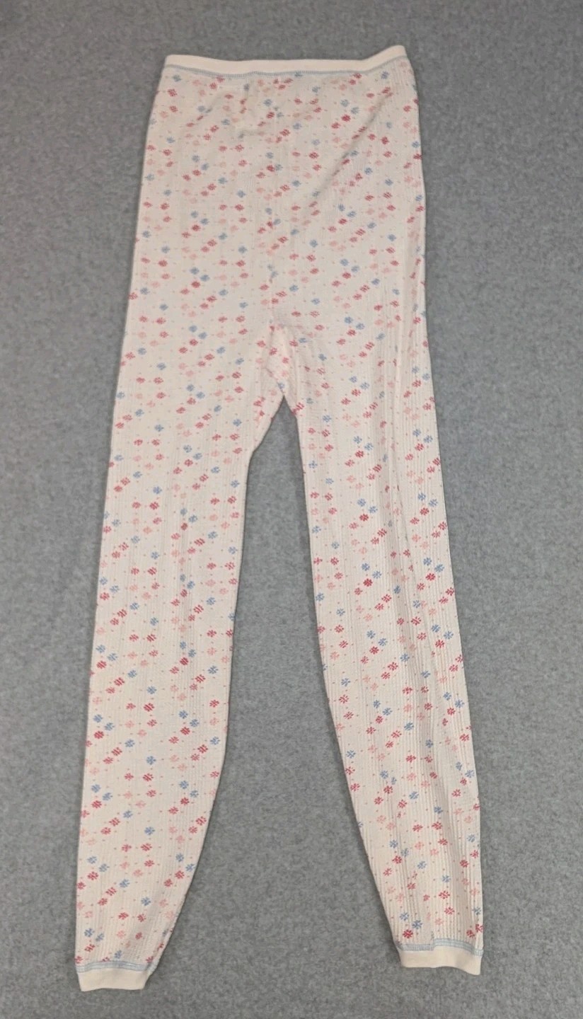 Hanes Women’s Waffle Knit Thermal Leggings White Pink Blue Floral L/G