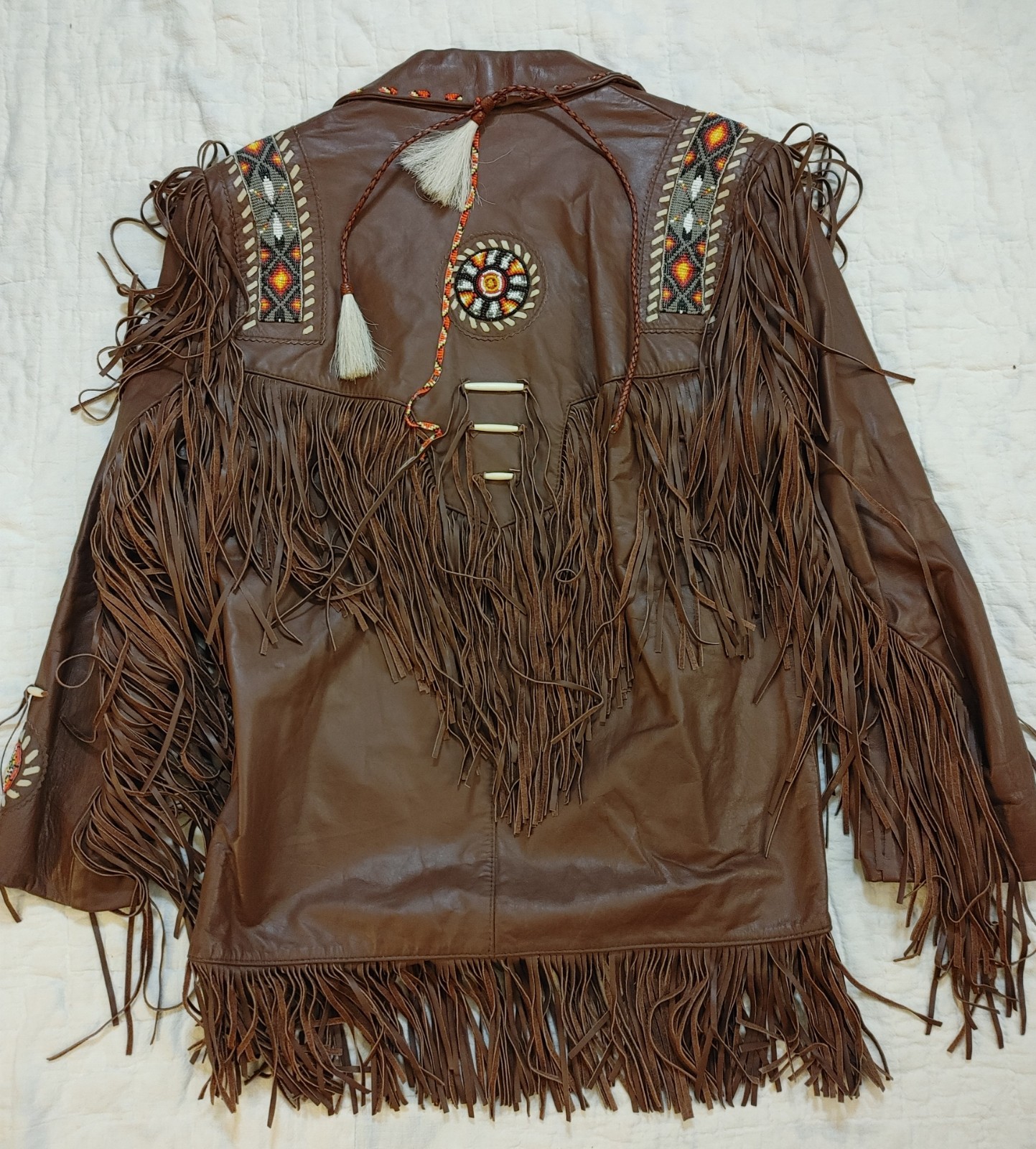 Vintage 70s Lariat Leather Fringe Jacket Beaded Western Cowboy Hippie Ranch USA