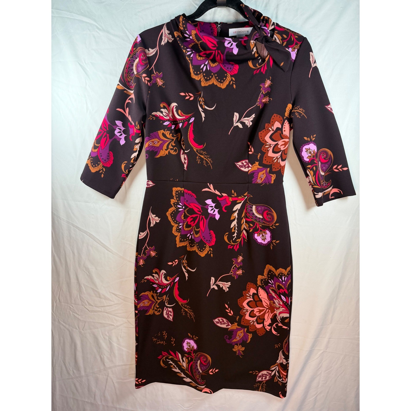 Liz Claiborne Womens 6P Floral Paisley Sheath Dress Brown Pink Tie Neck Feminin