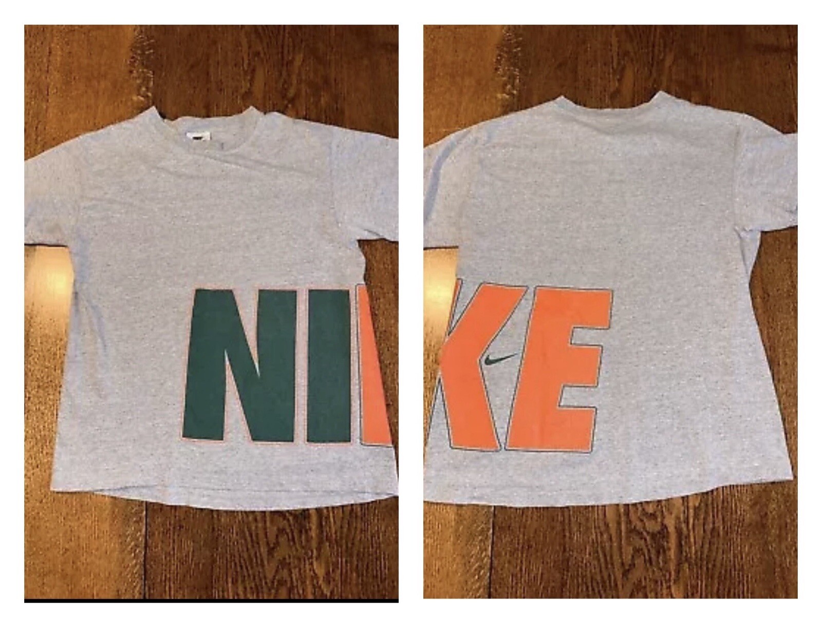 Vtg 90s Nike Spell Out Big Wrap Graphic T Shirt Made USA Gray Green Orange XL