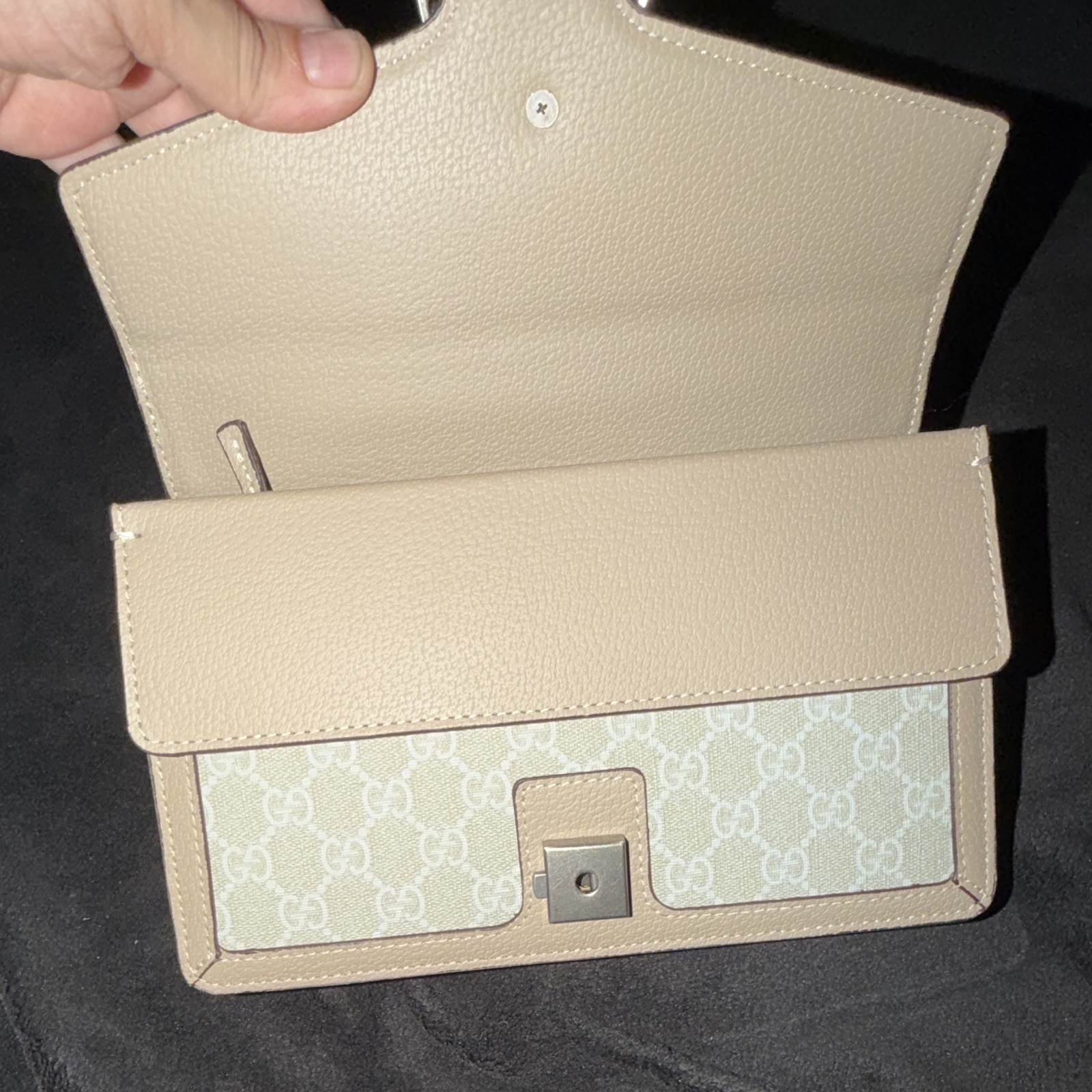 Gucci GG Pattern Beige Small Shoulder Bag with Silver Chain Strap Snap Closure