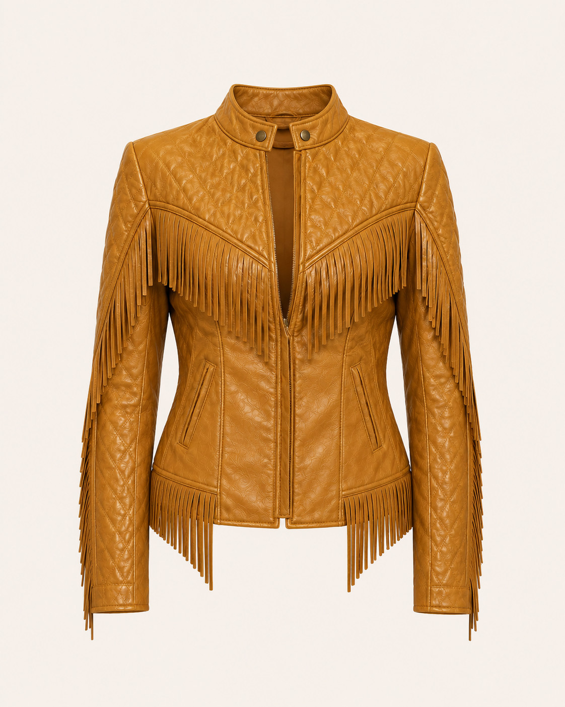 Womens Tan Mustard Leather Fringe Jacket – Quilted Western – Moto Biker Zip Coat