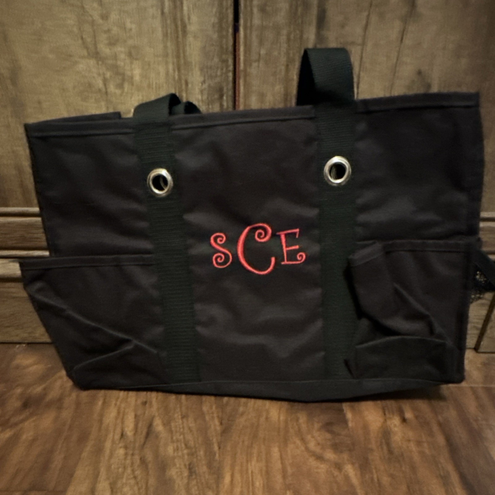 Thirty-One Black Tote Bag with Embroidered Accents, Hot Stamped Initials, Pocke…