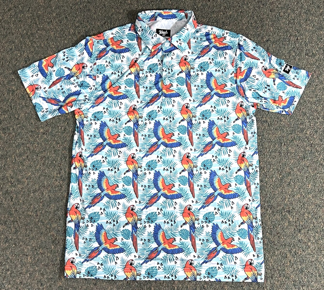Waggle Golf Polo Shirt Men’s Medium Parrot Floral Tropical Performance Stretch