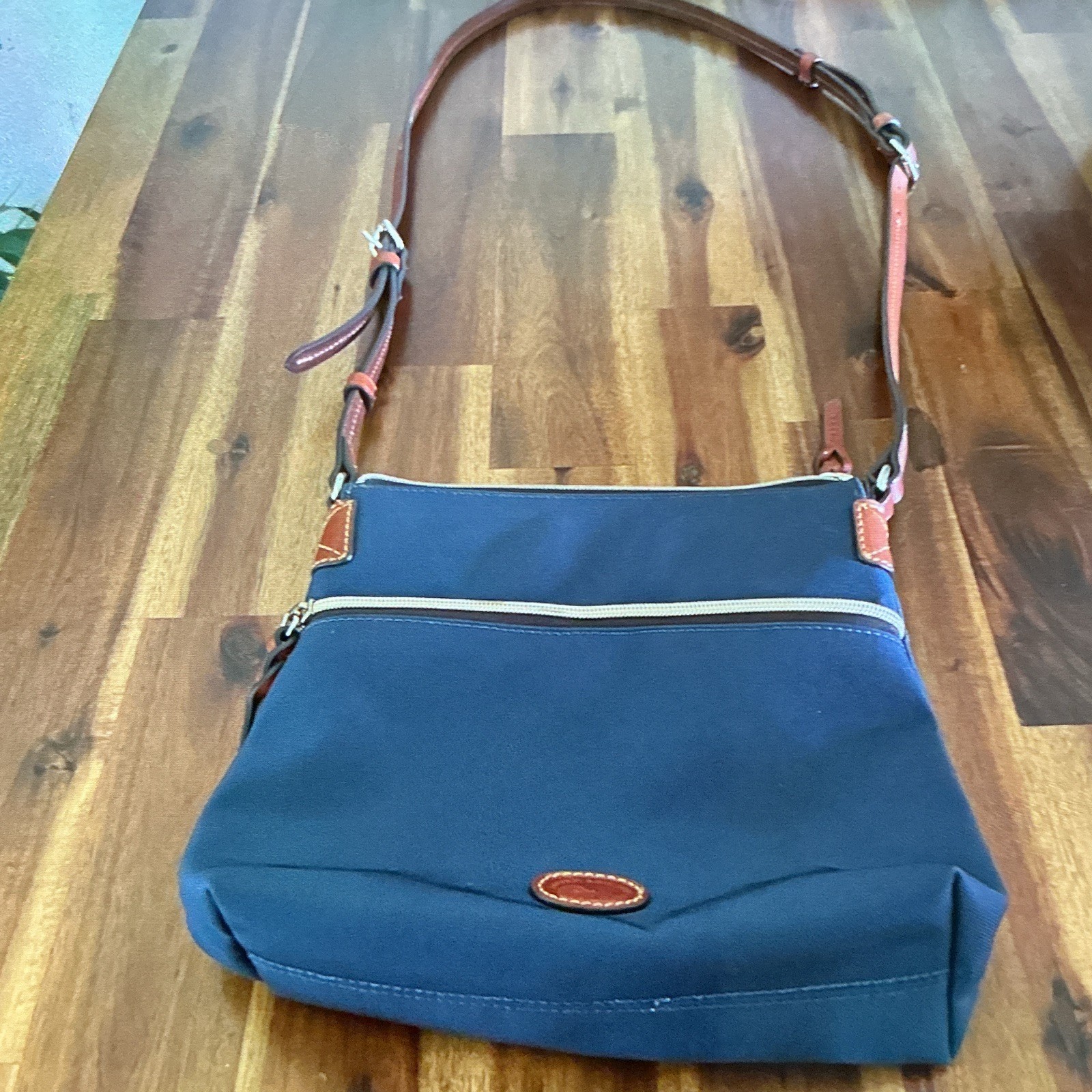 Cole Haan Blue Crossbody Bag, Zip Closure, Adjustable Strap, Red Lining
