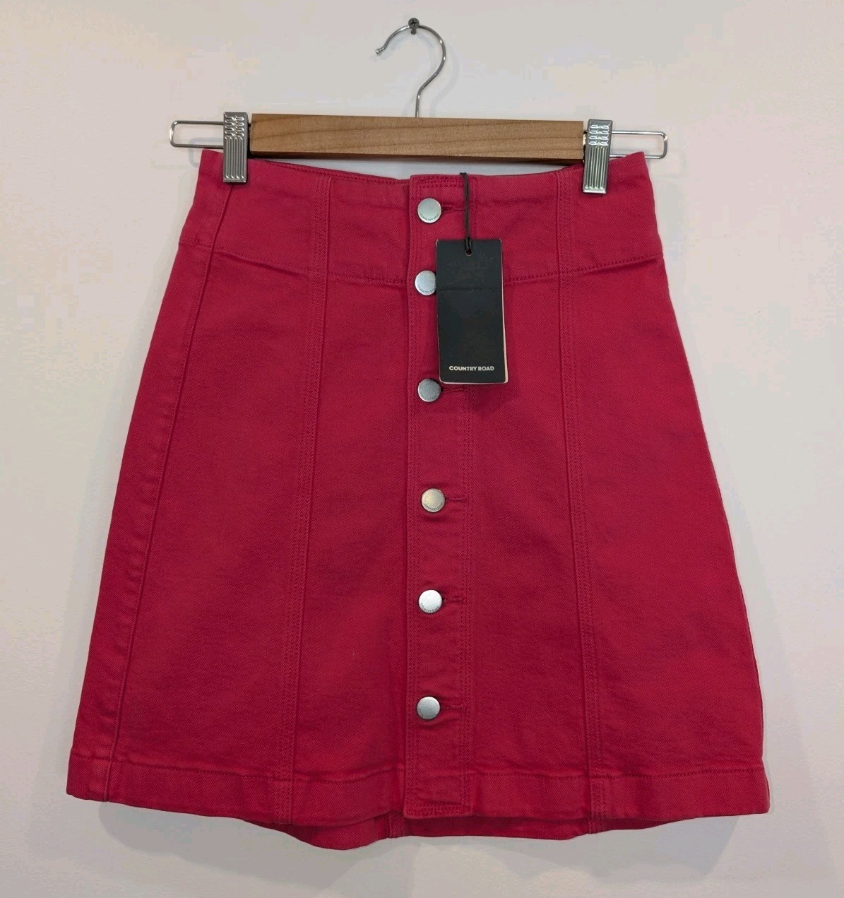 Country Road Denim Skirt Hot Pink Stretch Button Up Size 4 New Tags RRP $99.95