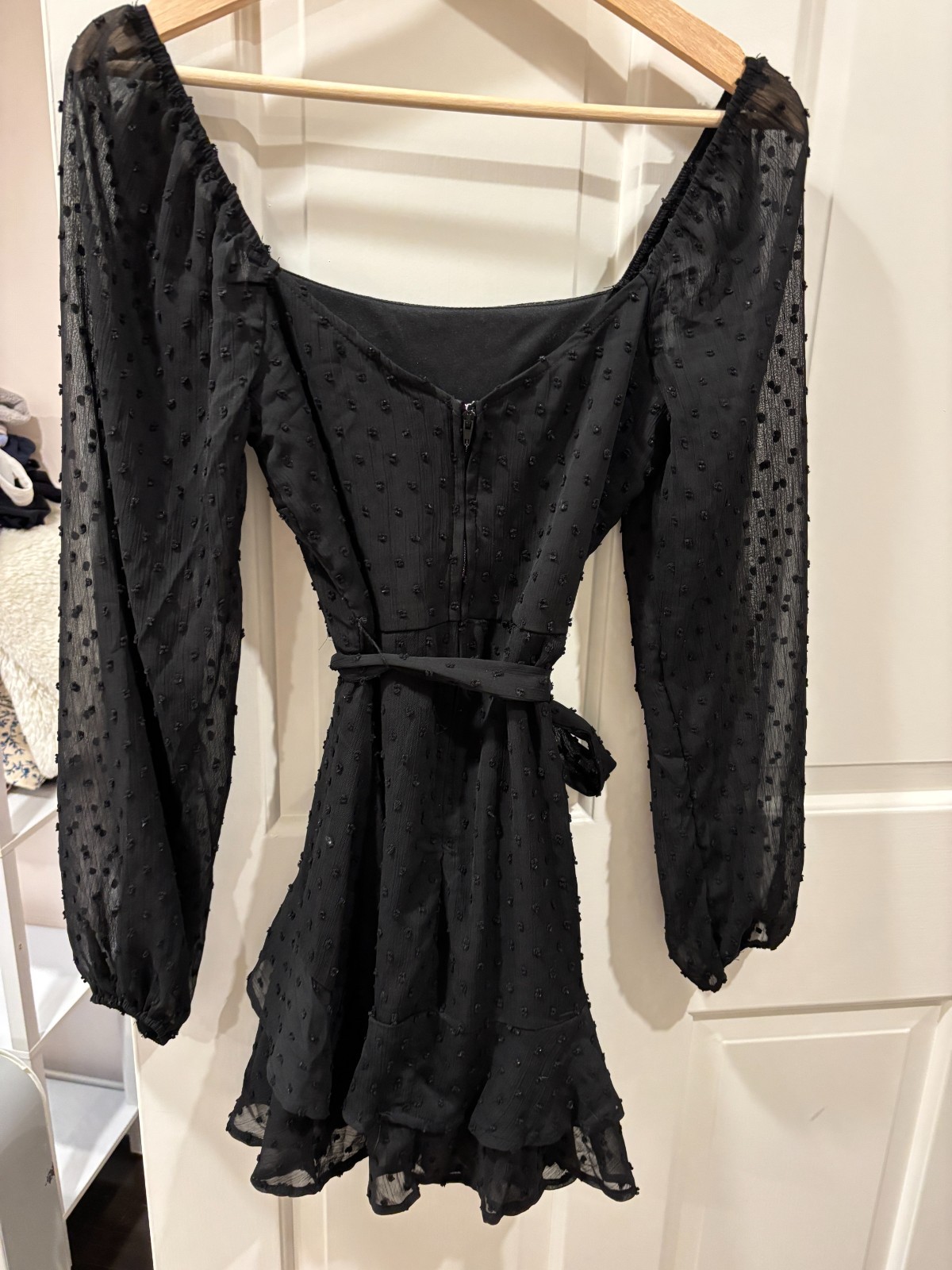 Mi Ami black poka dot mini dress with sheer sleeves/square neckline in size smal