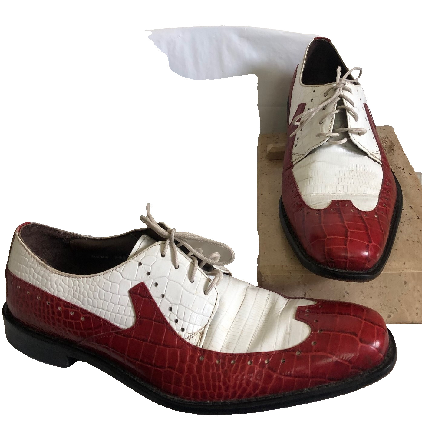 VTG Stacy Adams India Croc Emboss Leather Red & White Wingtip Oxfords 9 M