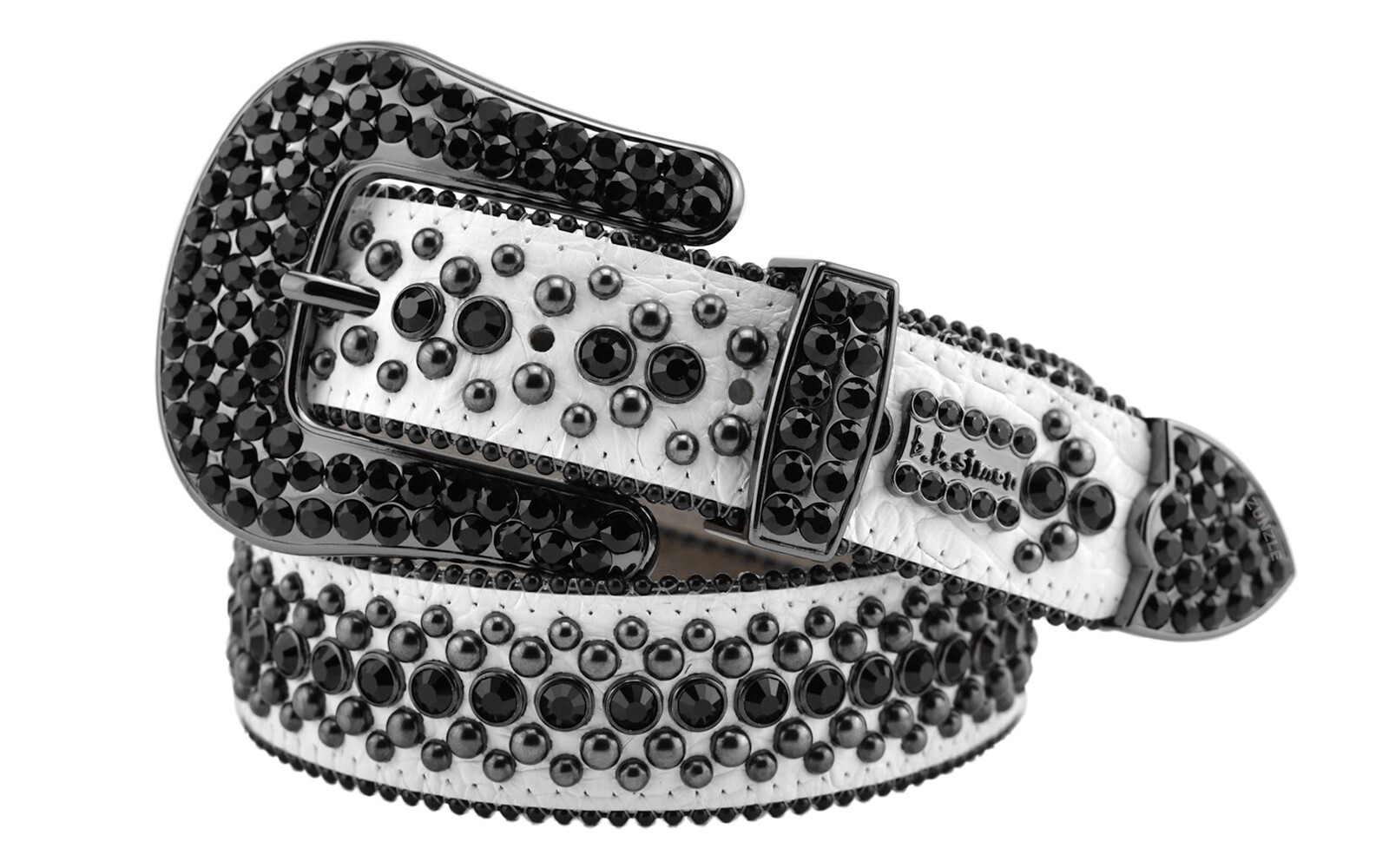 BB Simon Kish Belt Jet Black Crystal White Leather Rap 30 32 34 36 38 40 42