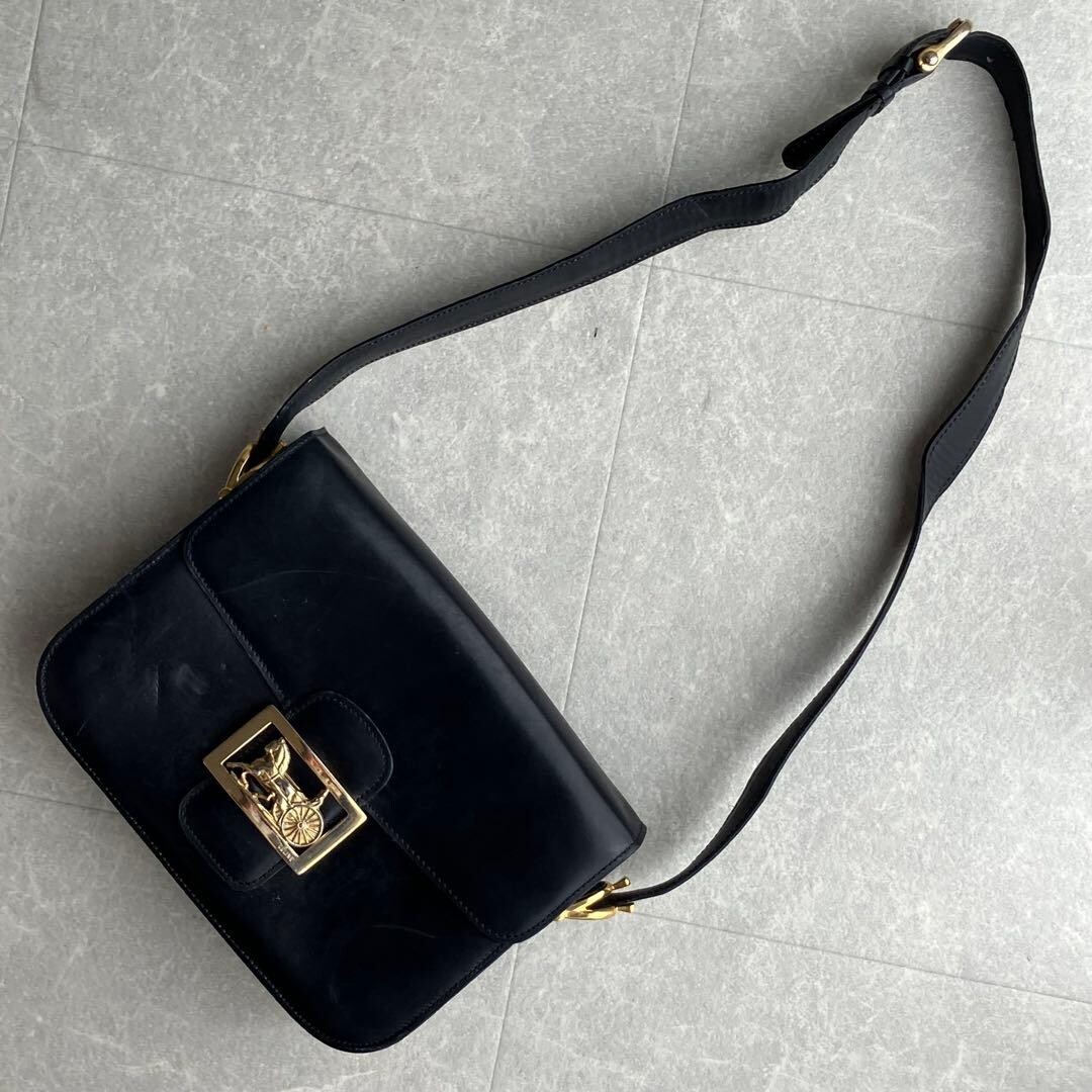 CELINE Horse Carriage Crossbody Shoulder Bag Black Leather Gold Hardware Vintage