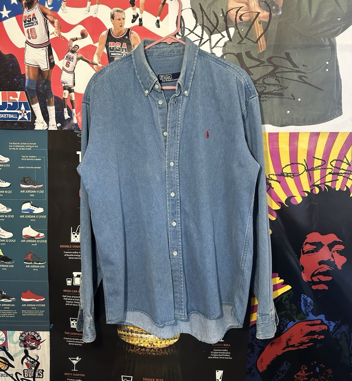90s Vtg Ralph Lauren Mens Blue Denim Button-Down Long Sleeve Japan Sz100(M/L)