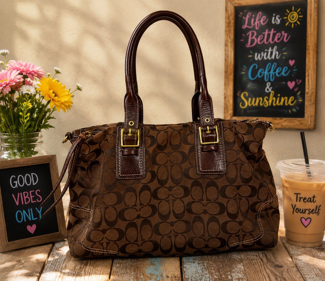 Coach Soho Signature Monogram Brown Satchel Top Handle Zip Pink Lining Bag