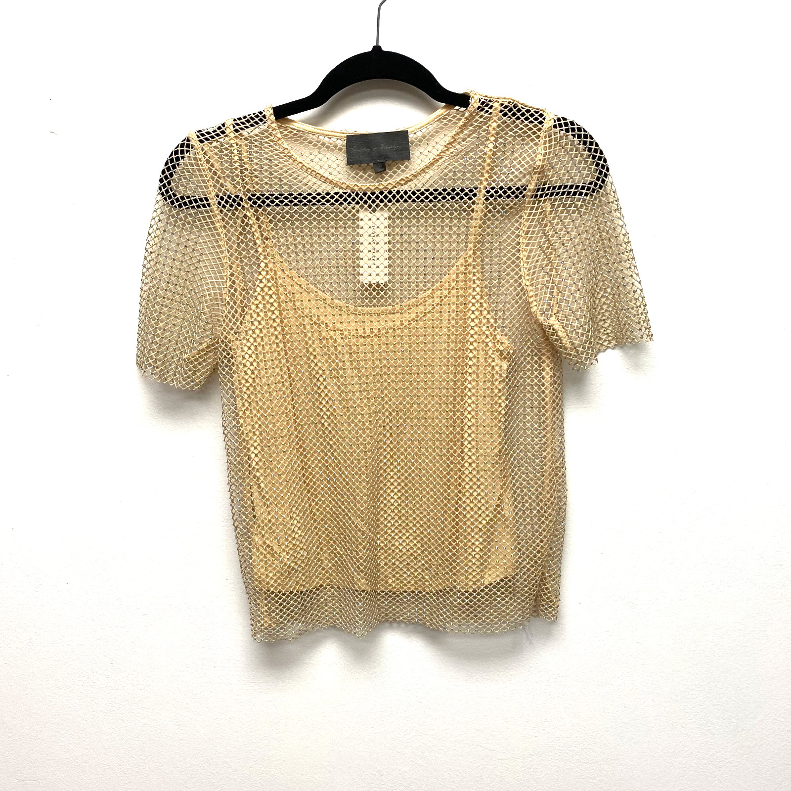 Anthropologie Sunday in Brooklyn Rhinestone Mesh Top Women Beige Sand XS $98 New