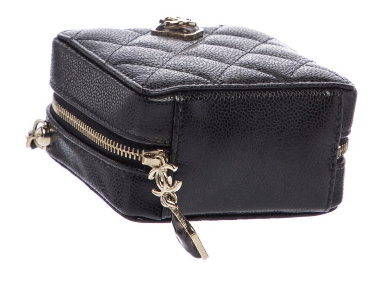 Auth CHANEL Black Quilted Mini Square Zip Crossbody Bag with Gold Chain Strap