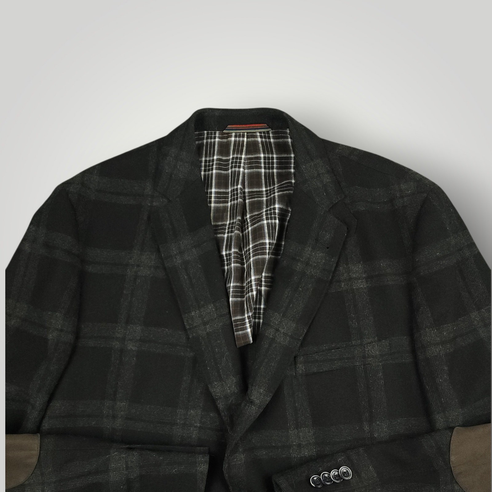 Kroon Sport Coat Mens 46R Flannel Wool Blend 3 Roll 2 Elbow Patch Pocket Plaid