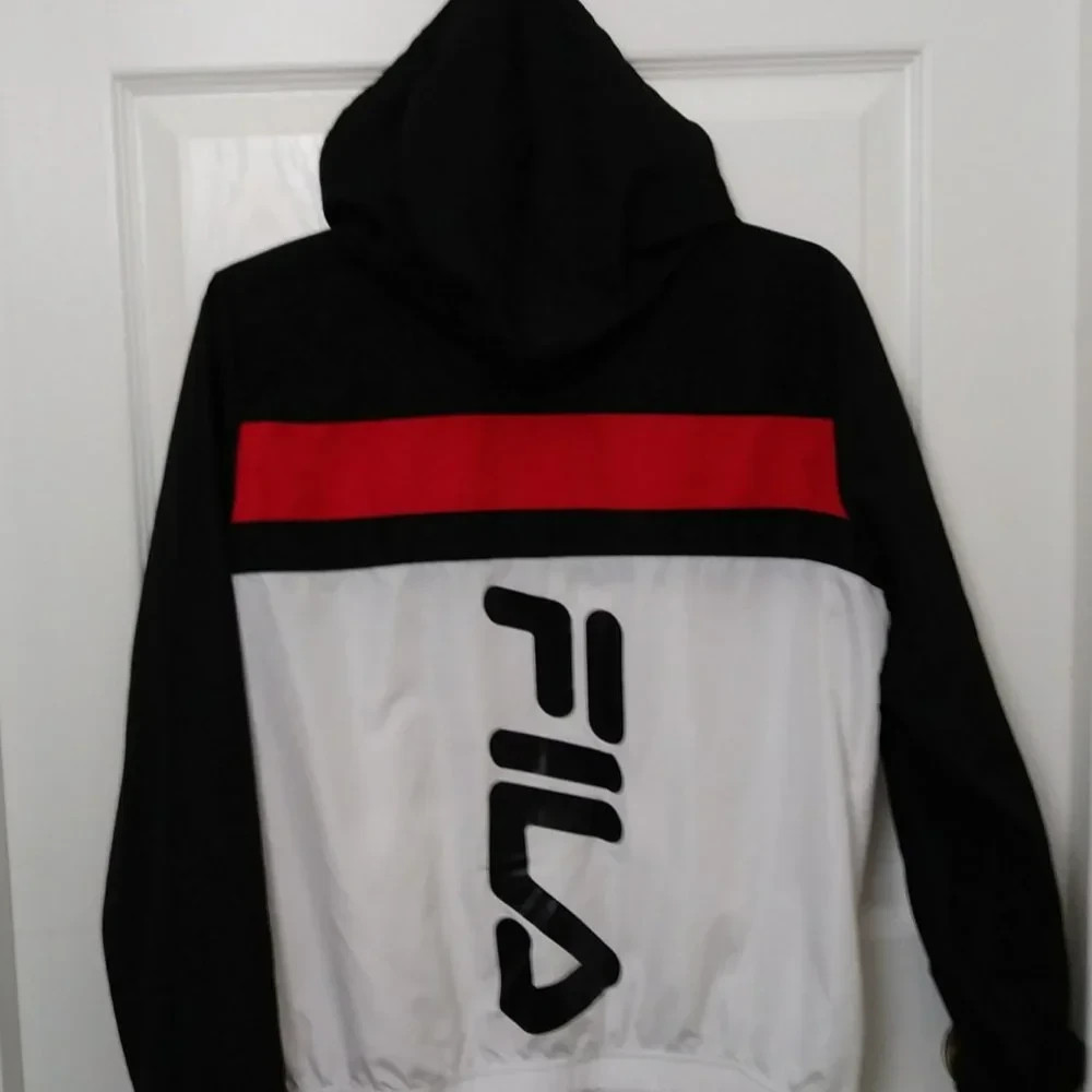 FILA Selma Windbreaker Hoodie Jacket Black White Red Zippered Women’s Size Small