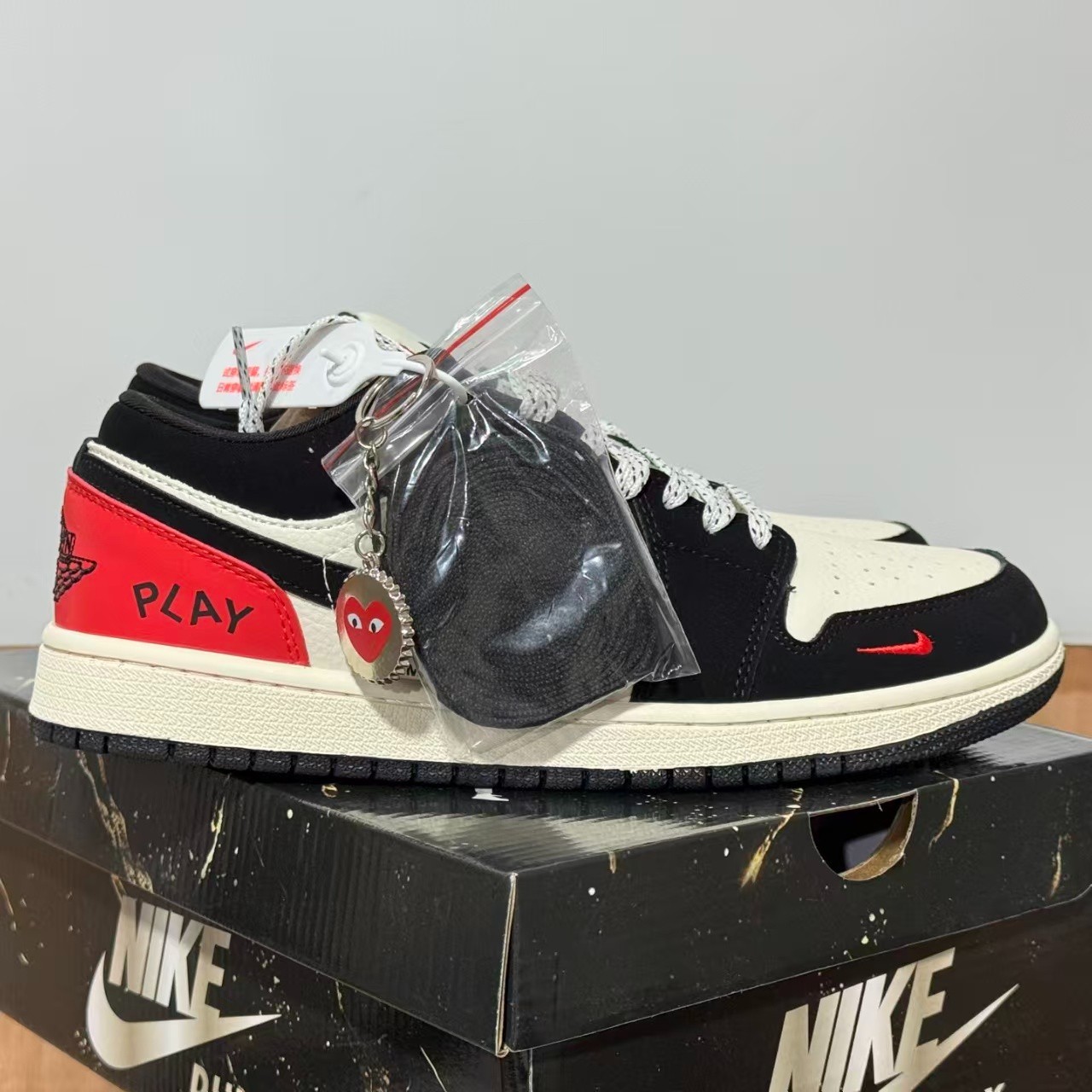 Nike Custom CDG Play Air Jordan 1 Low Black White Red Heart Men Women Sneakers