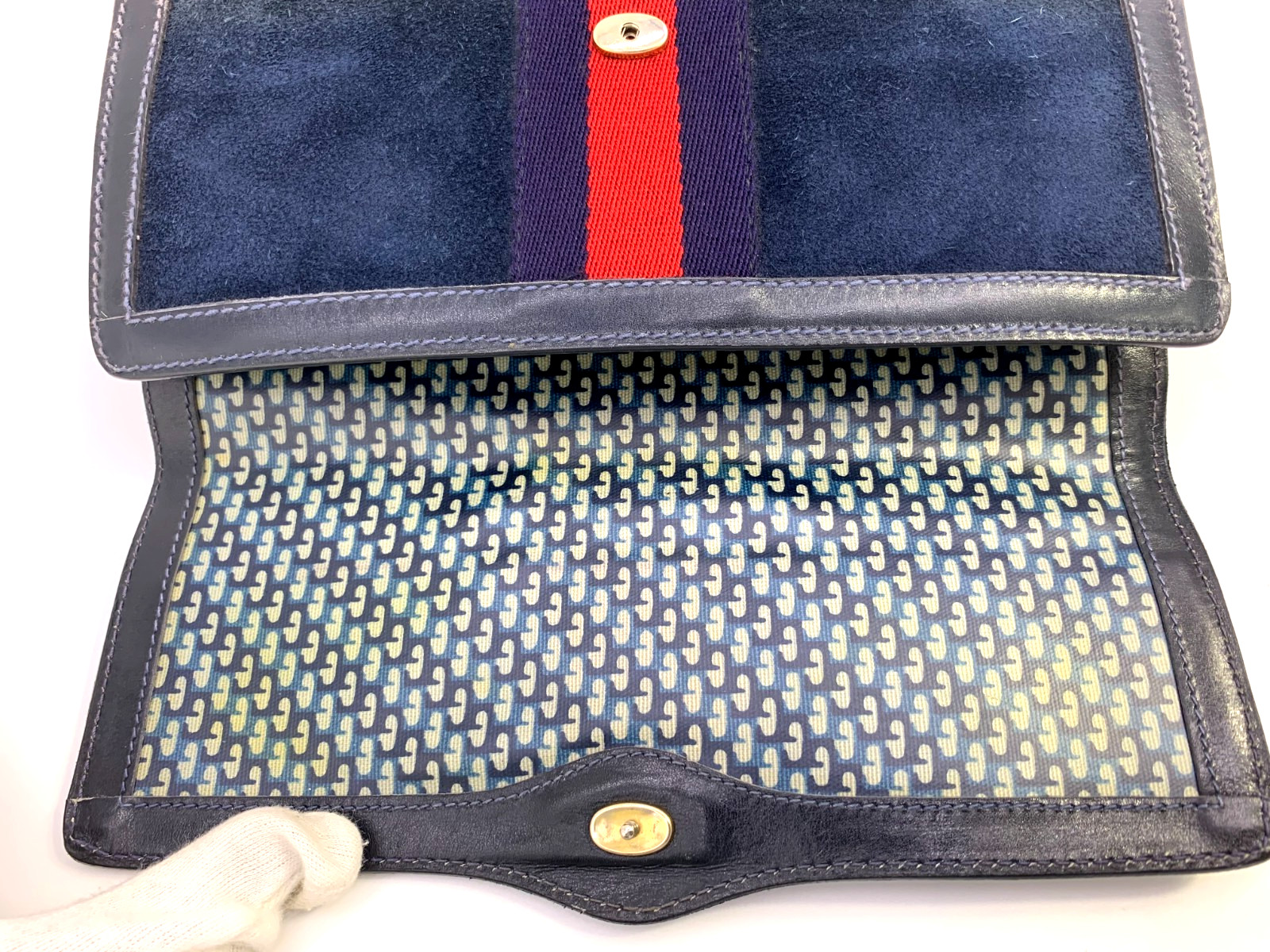 GUCCI VINTAGE Web Stripe Shoulder Bag Suede Leather Navy Classic Authentic