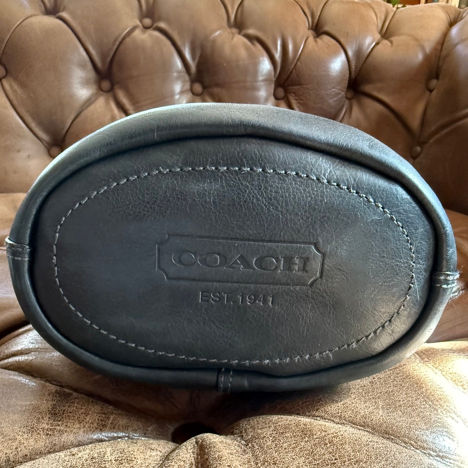 Coach Bleecker Leather Bucket Duffle Bag F0793-11422 Navy Tattersall Lined