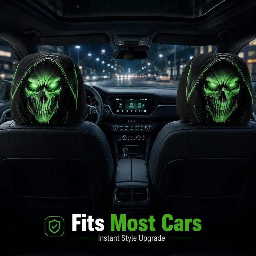2x Green Glow Grim Reaper Skull Car Headrest Cover Hooded 2D Print Universal Fit