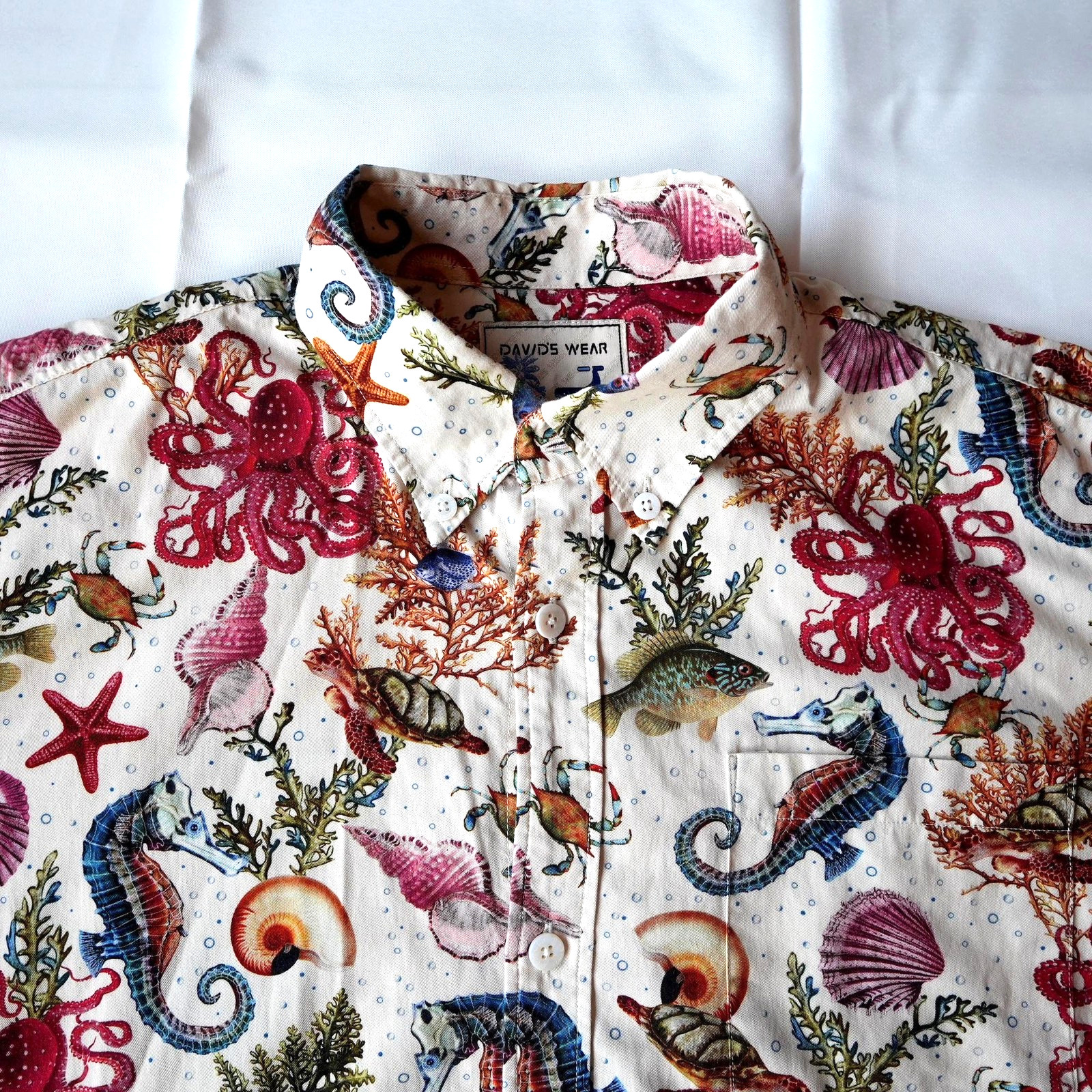 Davids Wear Yiume Hawaiian Shirt Mens Medium Seahorse Tencel Aloha Marine Life M