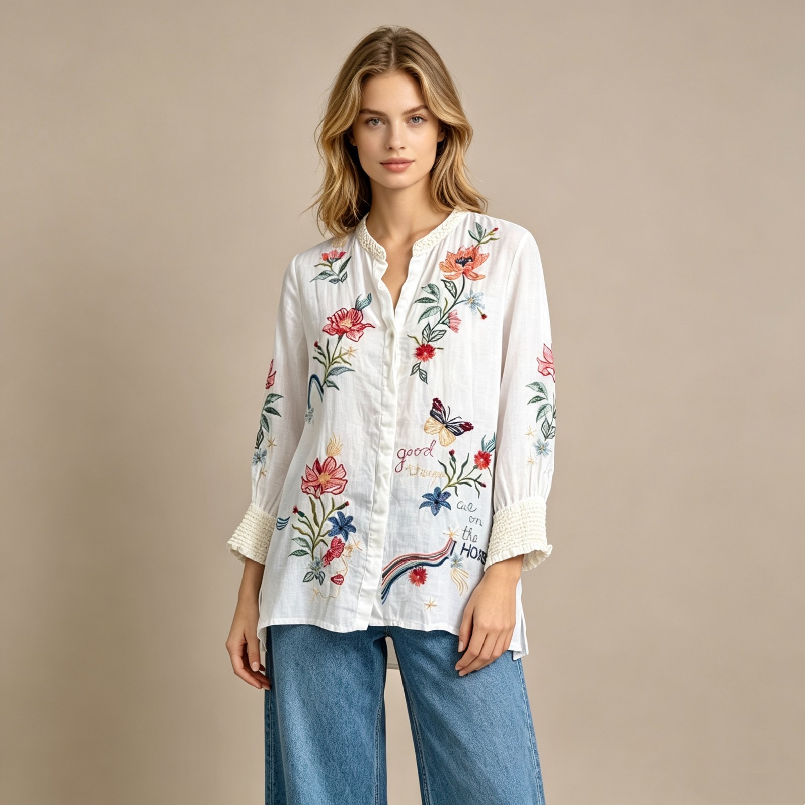 NWOT Johnny Was 100% Ramie Embroidered Floral Button-Down Tunic Shirt Blouse S