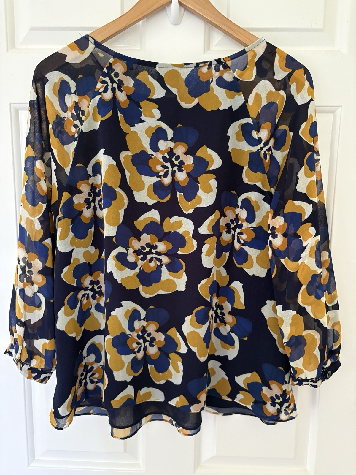 Cabi Navy Medium Floral Sheer Blouse – Blue & Mustard