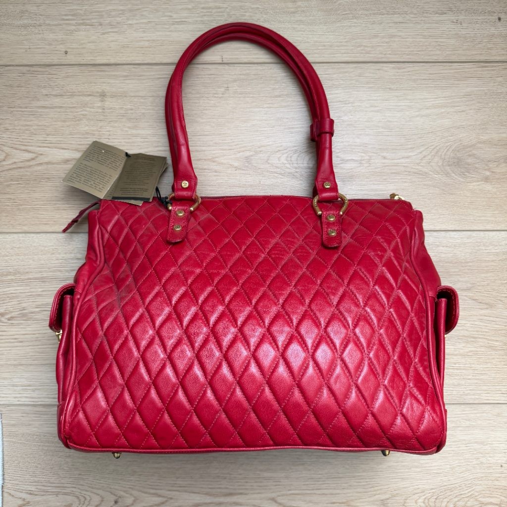 Marino Orlandi Red Quilted Genuine Leather Large Satchel Tote Bag Made in Italy