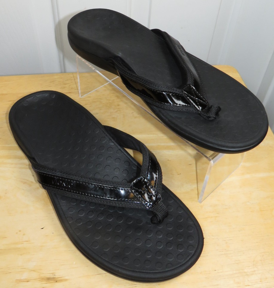 Vionic Womens Tide Orthotic Flip Flops Black Patent Thong Sandals Size 9