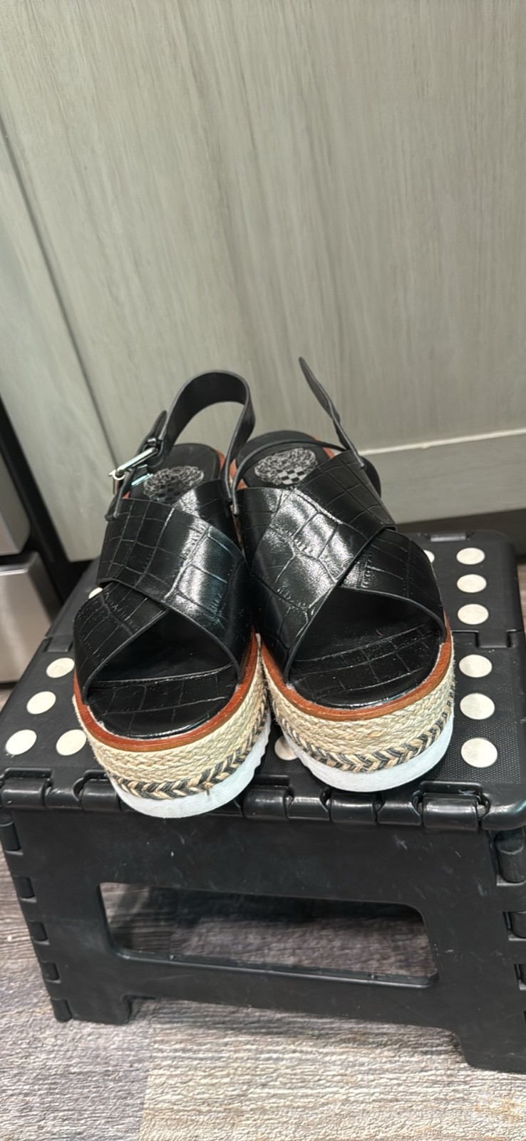 Vince Camuto Black Croc Leather Espadrille Platform Sandals Marietten 7M /37