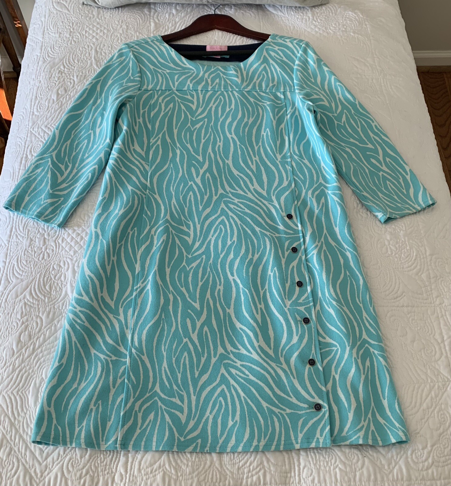 Lilly Pulitzer Blue Dress Large Shift Sleeves Self Tie Belt