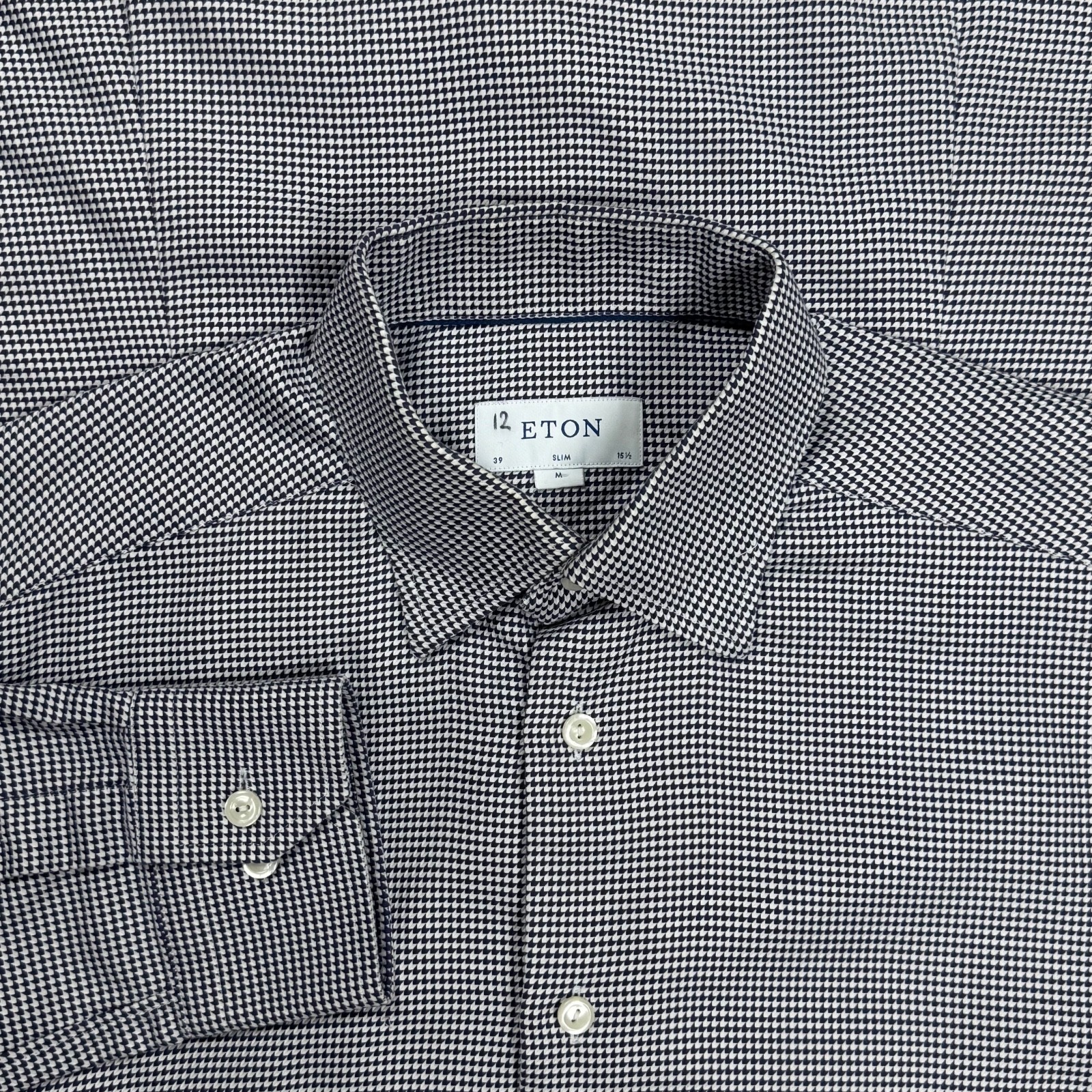 ETON Men’s Luxury Houndstooth Slim Fit Black White Cotton Dress Shirt 39 15.5