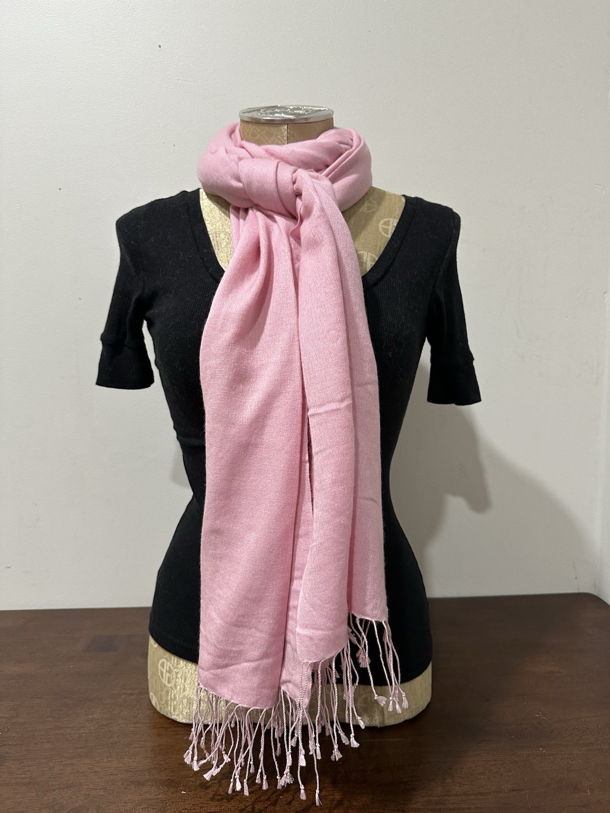 Pashmina silk pink shawl scarf handmade in Nepal with tassels 27″ X 76″