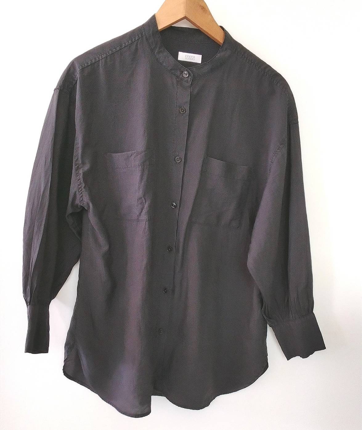 LOWRYS FARM Japanese Brand Women Gray Blouse Band Collar Long Sleeve Shirt M