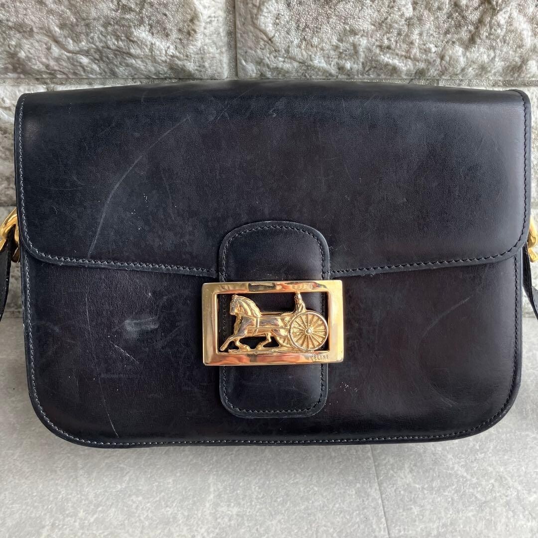 CELINE Horse Carriage Crossbody Shoulder Bag Black Leather Gold Hardware Vintage