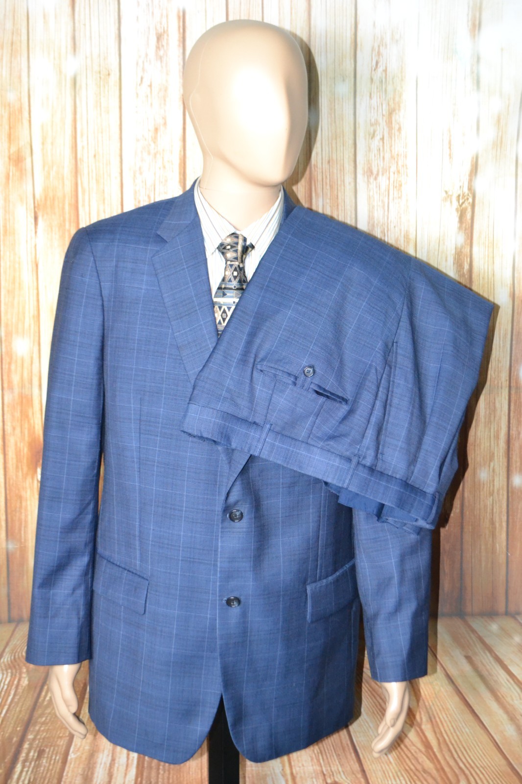 Riviera Men Custom Made Check Blue 2 Front Button Suit Sz 42R Wst 40×28