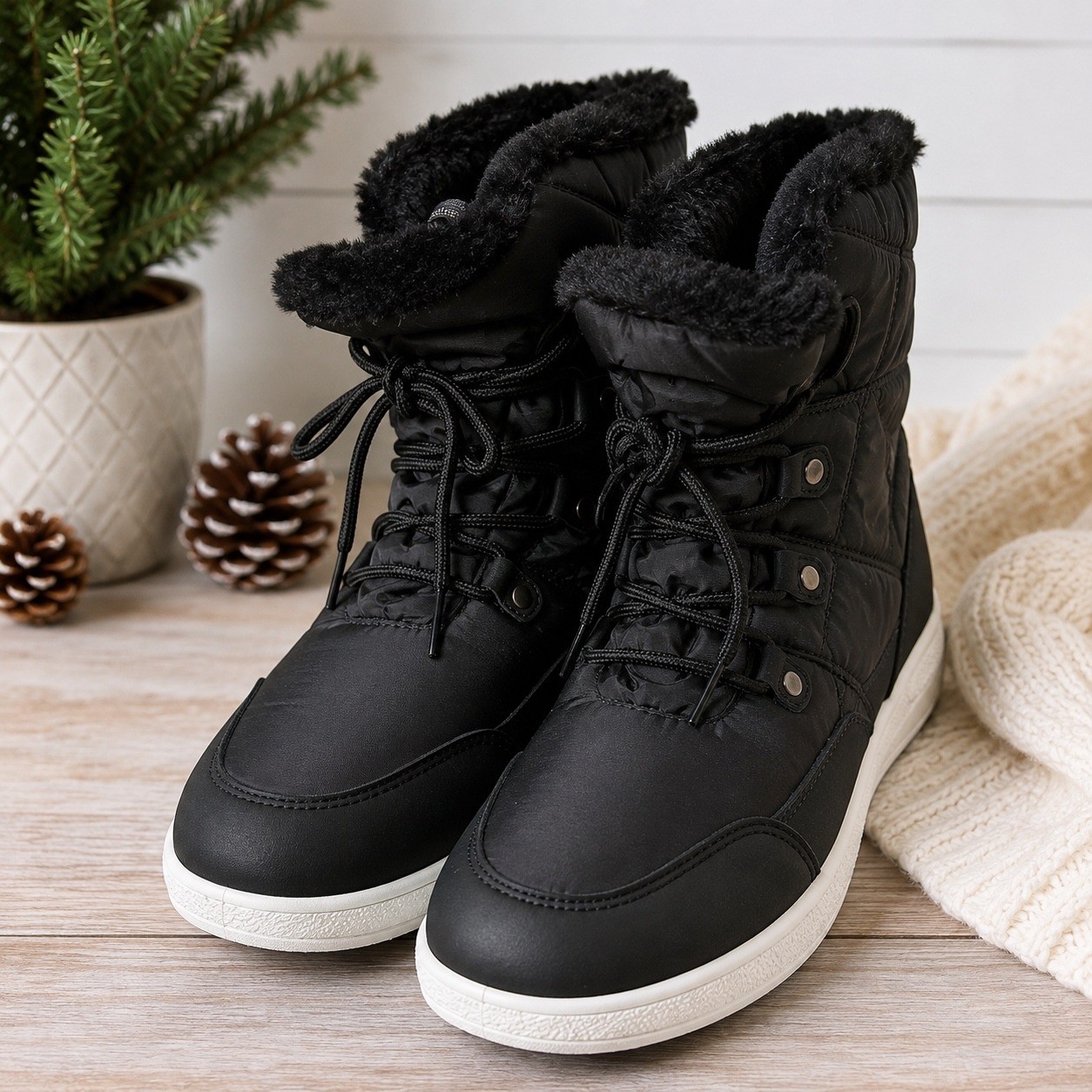 Black Waterproof Winter Snow Boots 3M Thinsulate Faux Fur Lined Quilted Size 9