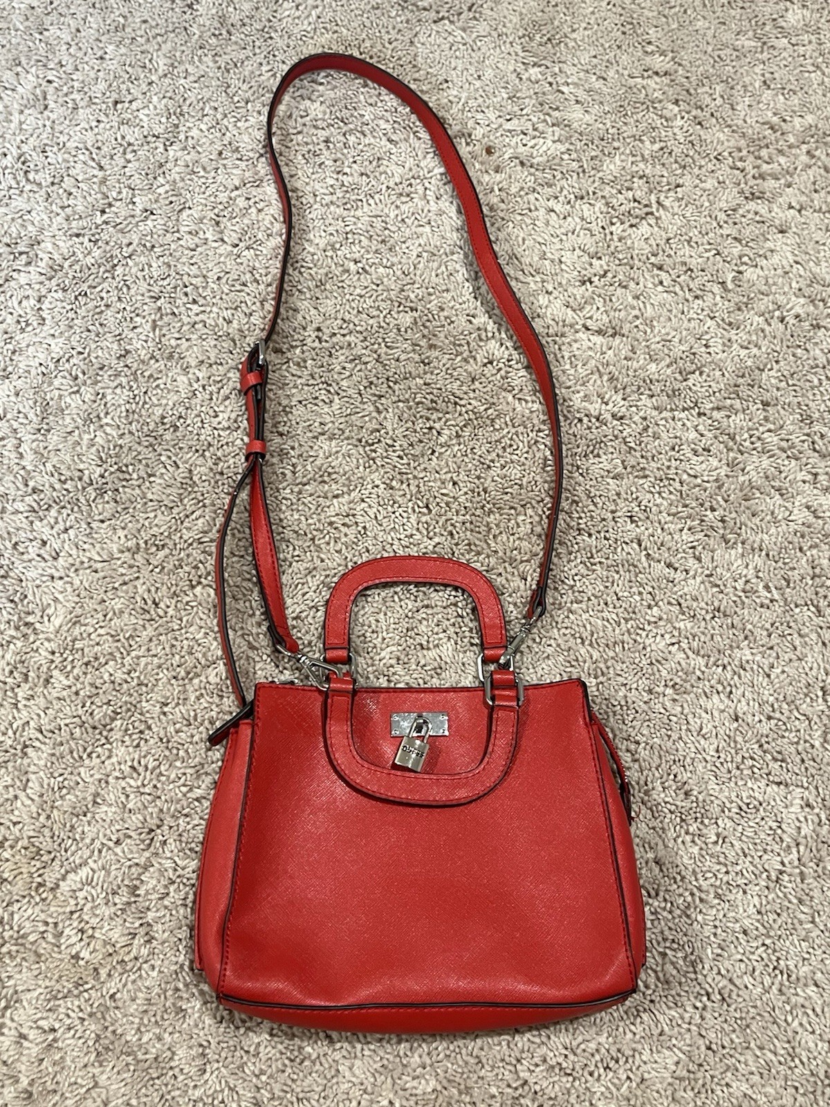 GUESS Red Small Satchel Top Handle Zip Bag w/ Detachable Crossbody Strap