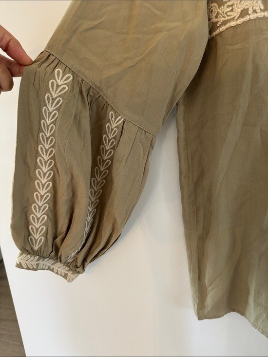 Solitaire Embroidered Peasant Blouse Womens Large Bubble Sleeve Tan