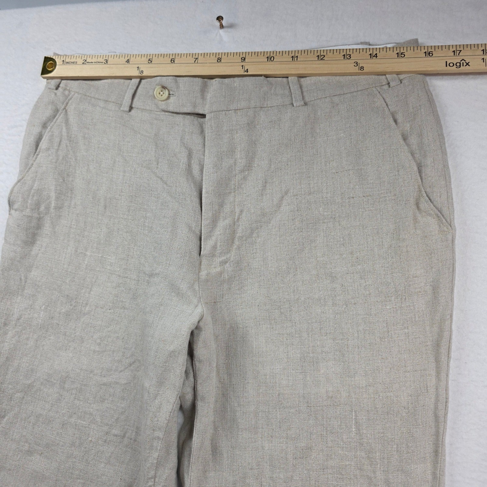 Bespoke StudioSuits Trousers Men 33×31 Beige Linen Handcrafted Flat Front